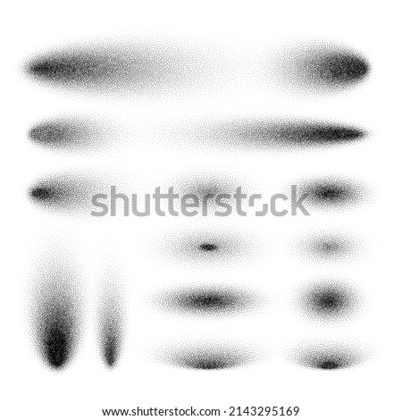 Stipple shadows set, dotted design elements. Fading gradient. Stippling, dotwork drawing, shading using dots. Pixel disintegration, halftone effect. White noise grainy texture. Vector illustration