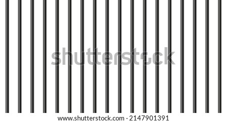 Black realistic metal prison bars isolated on white background. Detailed jail cage, prison iron fence. Criminal background mockup. Creative vector illustration.