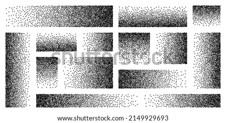 Stipple pattern, dotted rectangular design elements. Stippling, dotwork drawing, shading using dots. Pixel disintegration, random halftone effect. White noise grainy texture. Vector illustration