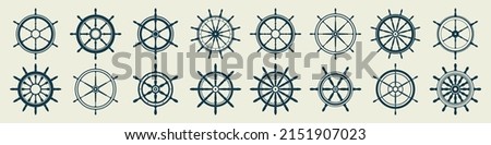 Collection of vintage steering wheels. Ship, yacht retro wheel symbol. Nautical rudder icon. Marine design element. Vector illustration