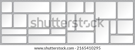 Set of blank paper banners with shadows on transparent background. Adhesive stickers, labels with rounded corners. Vector illustration.