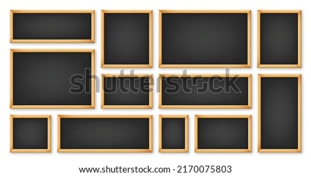 Realistic various chalkboards in a wooden frame. Black restaurant menu board. School blackboard, writing surface for text or drawing. Blank advertising or presentation boards. Vector illustration