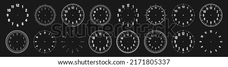 Mechanical clock faces with arabic numerals, bezel. White watch dial with minute, hour marks and numbers. Timer or stopwatch element. Blank measuring circle scale with divisions. Vector illustration