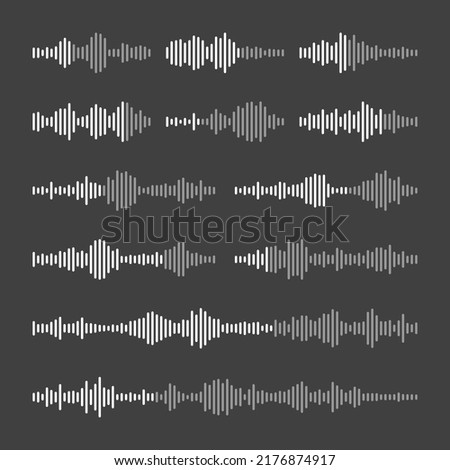 Voice message, mail. Social media chat conversation. Messaging app, music player, audio or video editor interface element. Voice assistant recorder. Sound wave pattern. Dark mode. Vector illustration