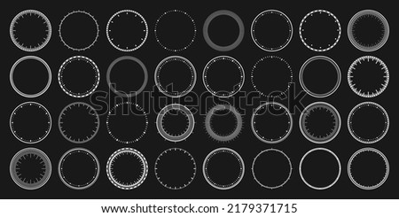 Mechanical clock faces, bezel. White watch dial with minute and hour marks. Timer or stopwatch element. Blank measuring circle scale with divisions. Vector illustration.