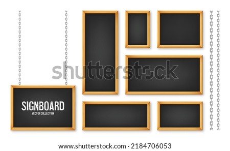 Signboards in a wooden frame hanging on a metal chain. Restaurant menu board. School chalkboard, writing surface for text or drawing. Blank advertising or presentation boards. Vector illustration