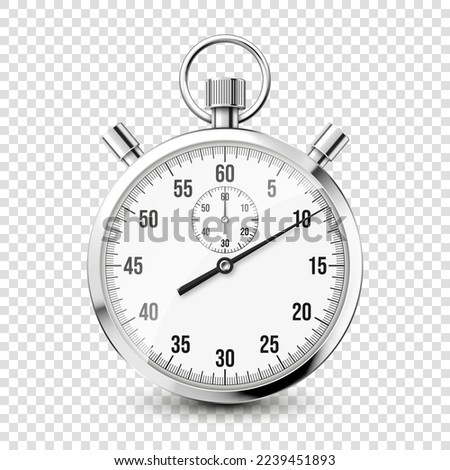 Realistic classic stopwatch icon. Shiny metal chronometer, time counter with dial. Countdown timer showing minutes and seconds. Time measurement for sport, start and finish. Vector illustration