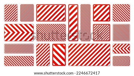 Various white and red warning signs with diagonal lines. Attention, danger or caution sign, construction site signage. Realistic notice signboard, warning banner, road shield. Vector illustration