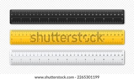 Realistic various plastic rulers with measurement scale and divisions, measure marks. School ruler, centimeter and inch scale for length measuring. Office supplies. Vector illustration