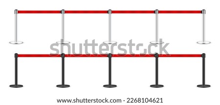 Realistic red retractable belt stanchion. Crowd control barrier posts with caution strap. Queue lines. Restriction border and danger tape. Attention, warning sign. Vector illustration