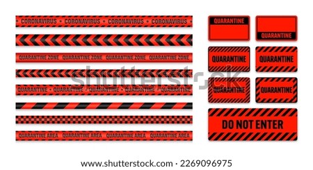 Various quarantine zone warning tapes and shields. Novel coronavirus outbreak. Global lockdown. Coronavirus danger stripe. Police caution line, restricted area. Construction tape. Vector illustration