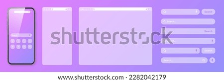 Smartphone, transparent internet browser window with various search bar templates. Web site engine with search box, address bar and text field. Website UI interface elements. Vector illustration