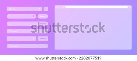 Blank transparent internet browser window with various search bar templates. Web site engine with search box, address bar and text field. UI design, website interface elements. Vector illustration
