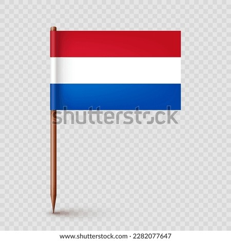 Realistic Dutch toothpick flag. Souvenir from Netherlands. Wooden toothpick with paper flag. Location mark, map pointer. Blank mockup for advertising and promotions. Vector illustration