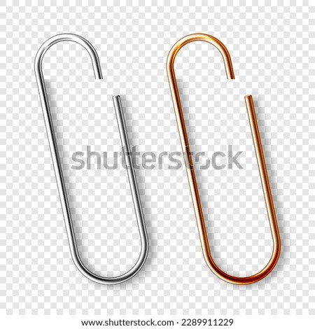 Realistic copper and steel paperclips attached to paper. Shiny metal paper clip, page holder, binder. Workplace office supplies. Vector illustration