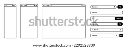 Blank web browser, internet page window with toolbar and search bar, field. Modern website in flat style, line art. Browser mockup for computer, tablet and smartphone. Vector illustration