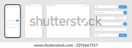Smartphone, blank internet browser window with various search bar templates. Web site engine with search box, address bar and text field. UI design, website interface elements. Vector illustration