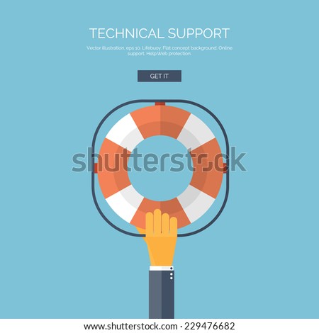 Vector illustration. Flat background with hand and lifebuoy.  Technical support concept. Online help.