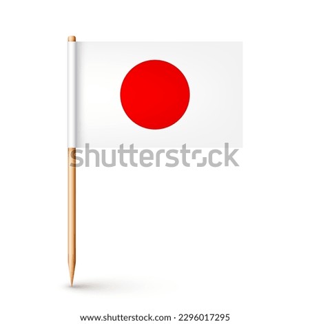 Realistic Japanese toothpick flag. Souvenir from Japan. Wooden toothpick with paper flag. Location mark, map pointer. Blank mockup for advertising and promotions. Vector illustration