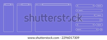 Blank web browser, internet page window with toolbar and search bar, field. Modern website in flat style, line art. Browser mockup for computer, tablet and smartphone. Vector illustration