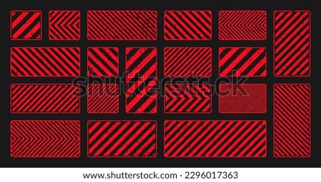 Various red grunge warning signs with diagonal lines. Old attention, danger or caution sign, construction site signage. Realistic notice signboard, warning banner, road shield. Vector illustration
