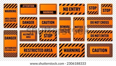 Various black and orange warning signs with diagonal lines. Attention, danger or caution sign, construction site signage. Realistic notice signboard, warning banner, road shield. Vector illustration