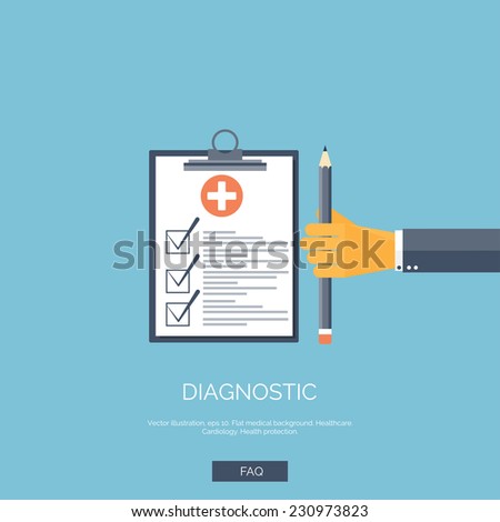 Vector illustration. Flat background with hand and medical report. First aid, diagnostic.