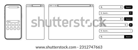 Smartphone, web browser, internet page window with toolbar and search bar, field. Modern website in flat style, line art. Blank browser mockup for computer, tablet and smartphone. Vector illustration