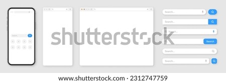 Smartphone, blank internet browser window with various search bar templates. Web site engine with search box, address bar and text field. UI design, website interface elements. Vector illustration