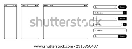 Blank web browser, internet page window with toolbar and search bar, field. Modern website in flat style, line art. Browser mockup for computer, tablet and smartphone. Vector illustration