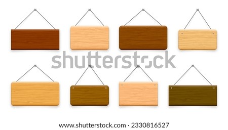 Wooden hanging signboards. Made of wood door sign for cafe, restaurant, bar or retail store. Announcement banner, information signage for business or service. Vector illustration