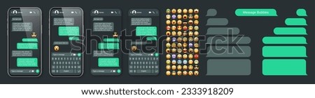 Smartphone messaging app, user interface with emoji. SMS text frame. Chat screen, green message bubbles. Texting app for communication. Social media application. Dark mode. Vector illustration