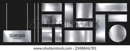 Metal banners hanging on a chain. Realistic shiny steel plate with screws. Polished silver metal surface. Vector illustration