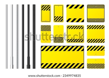 Warning, danger signs, attention banners with metal poles. Blank yellow caution sign, construction site signage. Notice signboard, warning banner, road shield. Vector illustration