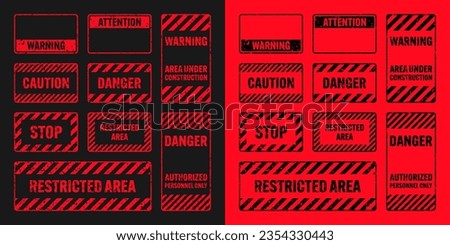 Various red grunge warning signs with diagonal lines. Old attention, danger or caution sign, construction site signage. Realistic notice signboard, warning banner, road shield. Vector illustration.