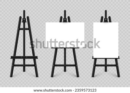 Realistic paint desk with blank white canvas. Black wooden easel and a sheet of drawing paper. Presentation board on a tripod. Artwork mockup, template. Vector illustration