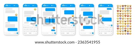 Smartphone messaging app, user interface design with emoji. SMS text frame. Chat screen with blue message bubbles. Texting app for communication. Social media application. Vector illustration