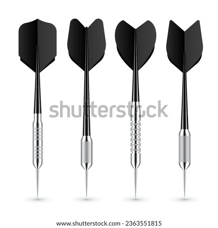 Black dart arrows with metal tip and shadow. Dart throwing sport game, dartboard equipment. Vector illustration