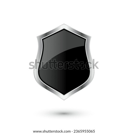 Vintage heraldic 3d shield icon with shiny metal frame. Black protection, security and defence symbol. Medieval design element. Vector illustration