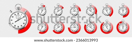 Realistic classic stopwatch. Shiny metal chronometer, time counter with dial. Red countdown timer showing minutes and seconds. Time measurement for sport, start and finish. Vector illustration