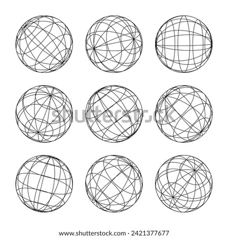 Wireframe shapes, lined sphere. Perspective mesh, 3d grid. Low poly geometric elements. Retro futuristic design elements, y2k, vaporwave and synthwave style. Vector illustration