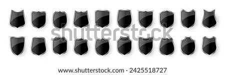 Set of various vintage 3d shield icons. Black heraldic shields. Protection and security symbol, label. Vector illustration