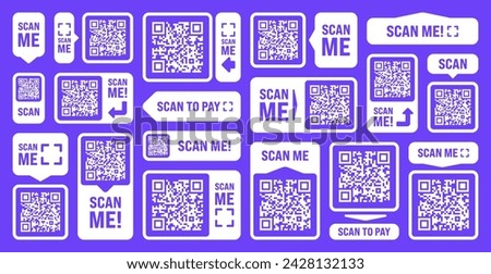 Scan me QR code sticker. Online payment. Special offer sale stickers, shopping discount label or promotional badge. Serial number, product ID. Supermarket retail label, price tag. Vector illustration