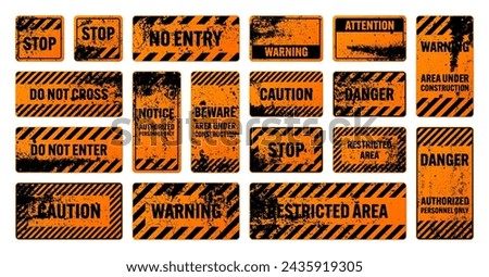 Orange grunge warning signs with diagonal lines. Old attention, danger or caution sign, construction site signage. Realistic notice signboard, warning banner, road shield. Vector illustration