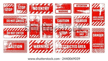 Red grunge warning signs with diagonal lines. Old attention, danger or caution sign, construction site signage. Realistic notice signboard, warning banner, road shield. Vector illustration