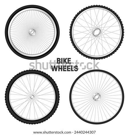 Realistic 3d bicycle wheels. Bike rubber tyres, shiny metal spokes and rims. Fitness cycle, touring, sport, road and mountain bike. Vector illustration