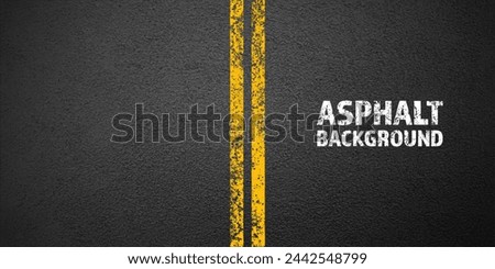 Asphalt road with yellow cracked lane marking, concrete highway surface, texture. Street traffic line, road dividing strip. Pattern with grainy structure, grunge stone background. Vector illustration