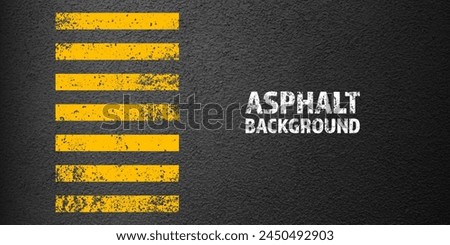 Asphalt road with yellow cracked lane marking, concrete highway surface, texture. Street traffic line, road dividing strip. Pattern with grainy structure, grunge stone background. Vector illustration