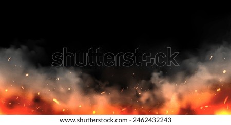 Realistic smoke clouds and fire on black background. Flame blast, explosion. Stream of smoke from burning objects. Forest fires. Transparent fog effect. White steam, mist. Vector design element.