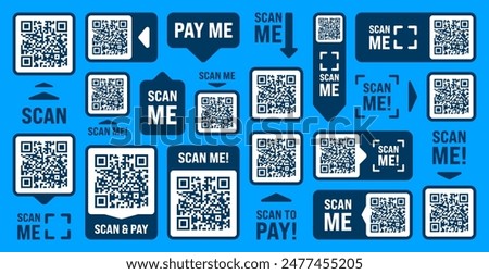 Scan me QR code sticker with text. Online payment. Special offer sale stickers, shopping discount label, promotional badge. Product serial number. Supermarket retail price tag. Vector illustration